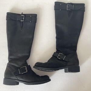 Clarks side zip low block heel leather moto style black boots with buckles 7 Med